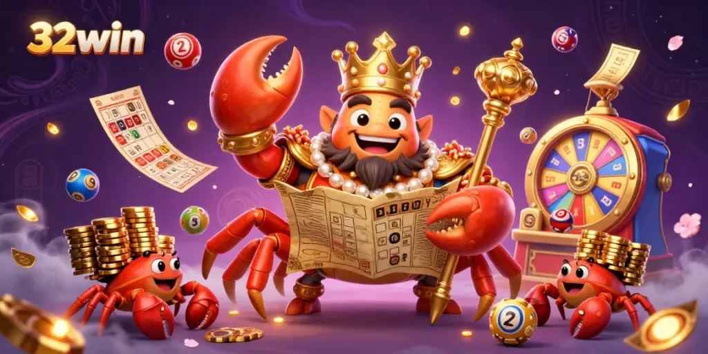 Experience the vibrant energy of 32win's 3D casino environment with a golden crab emperor amidst colorful lottery elements.