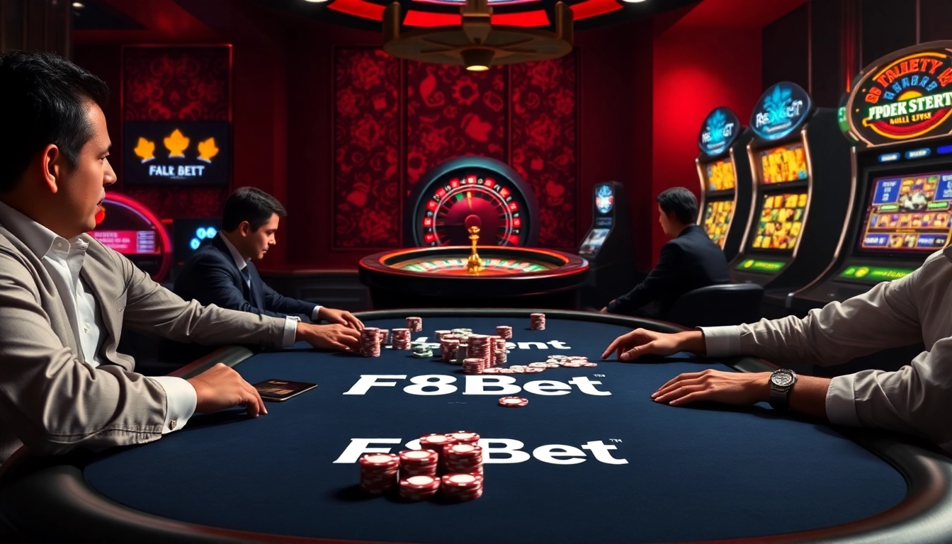 Engaged players at F8Bet's luxurious poker table, showcasing thrilling casino action.