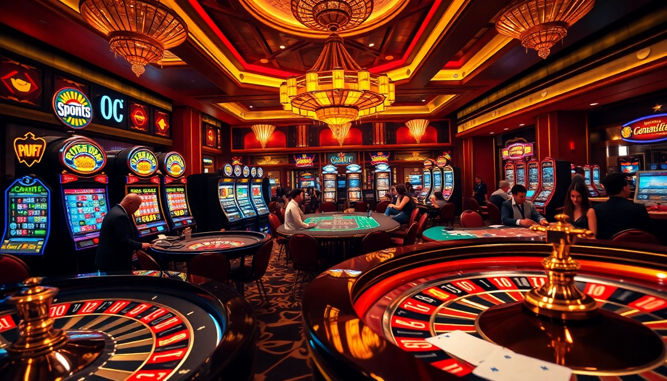Gambling excitement at a luxurious casino inspired by https://tk88t.org/ with roulette, slots, and poker.