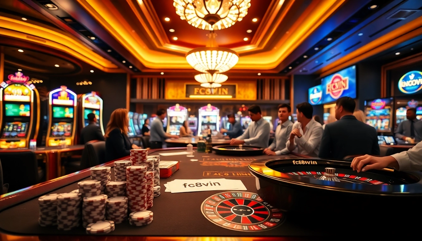 A dynamic casino environment featuring gambling elements like poker chips and slot machines, highlighting fc88vin for top online betting.