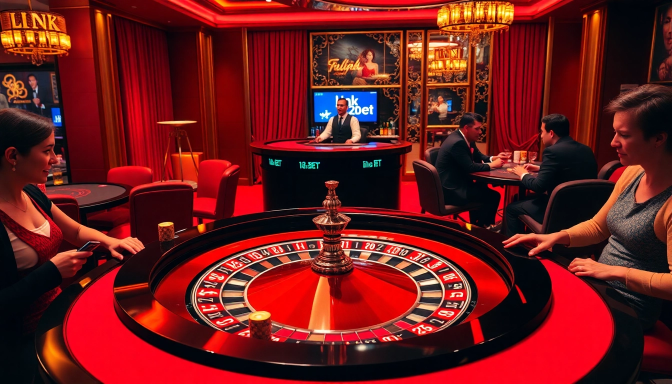 Experience thrilling gameplay at 12bet, featuring a luxurious casino environment with roulette and poker games.