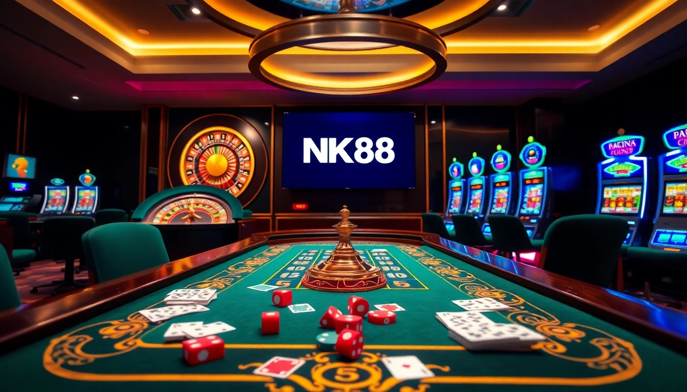 NK88 casino scene showcasing elegant gambling tables, vibrant cards, and thrilling atmosphere.