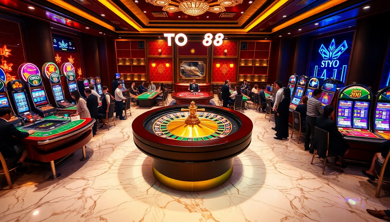 TOTO88 casino gaming excitement with players at roulette and slot machines.