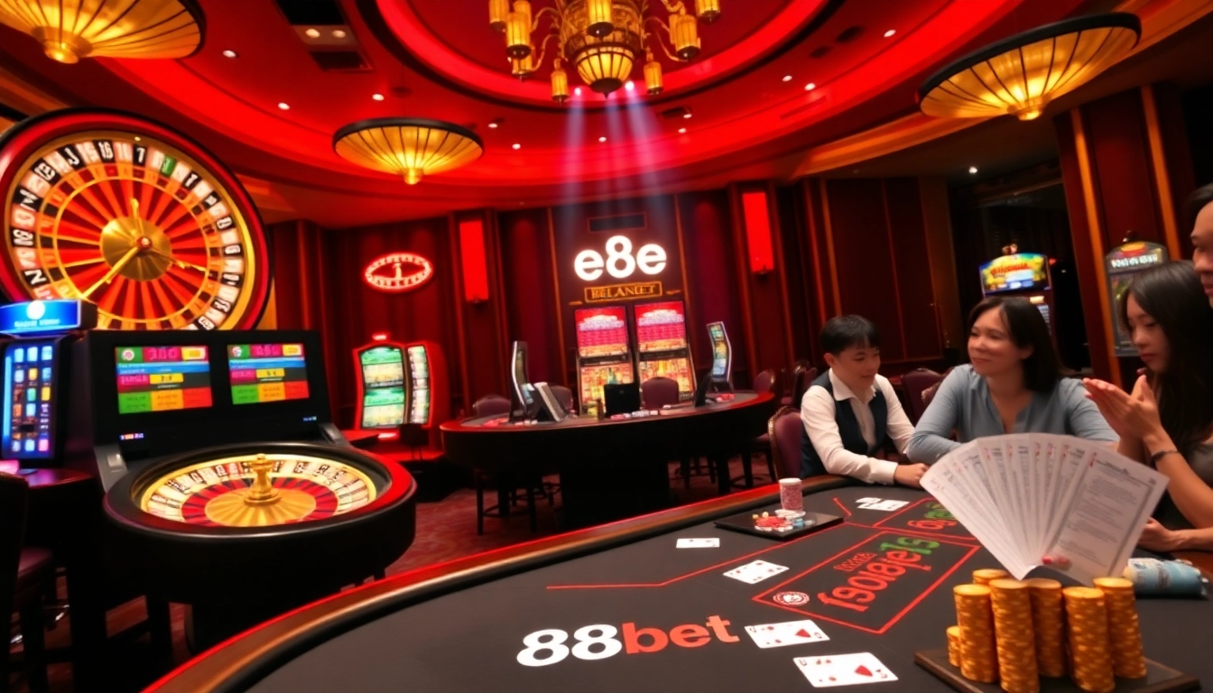 Engaging scene of 88bet casino games with roulette, poker, and vibrant slot machines.