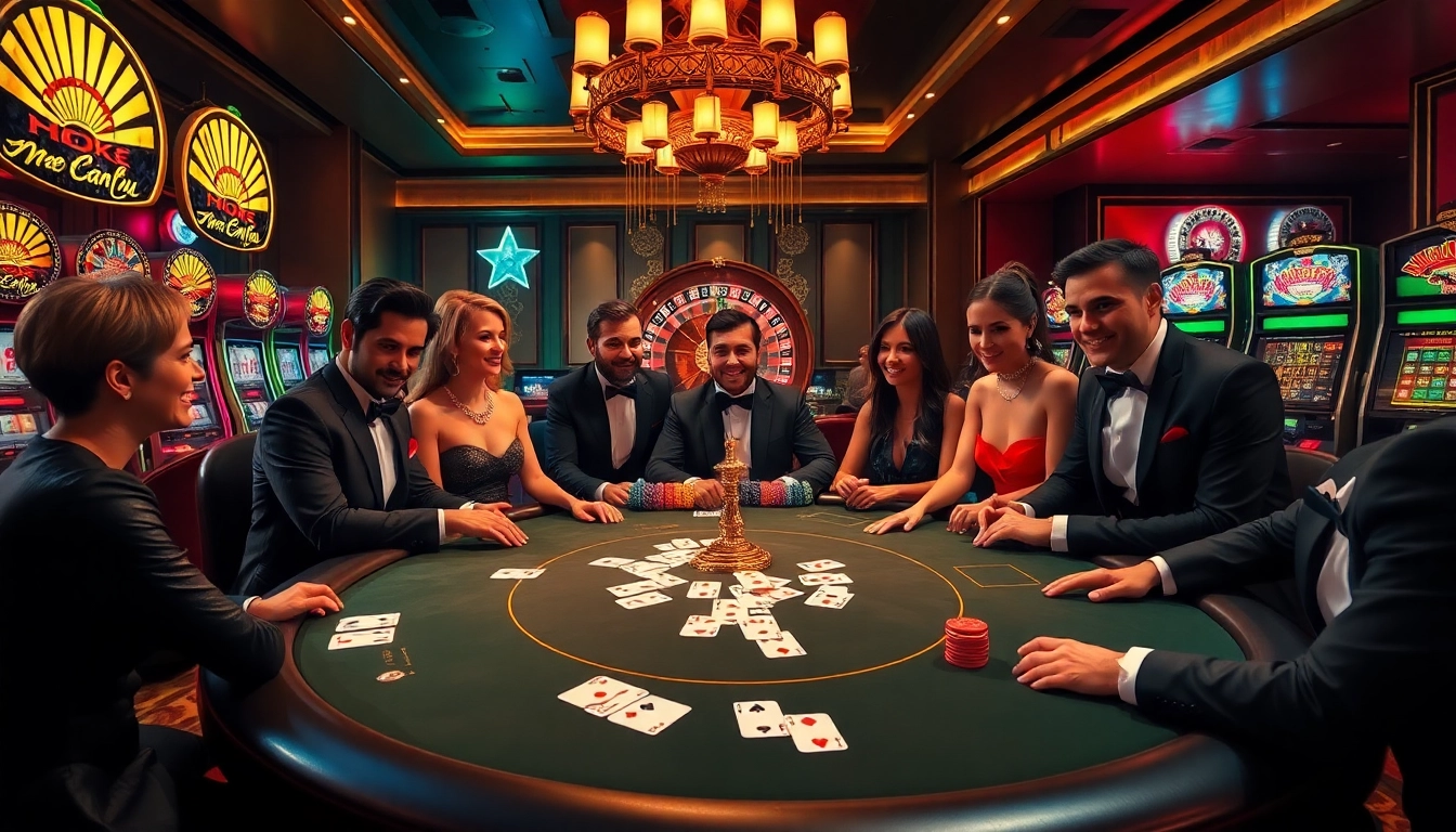 Players enjoy a thrilling poker game at a luxurious casino with nohu design elements.