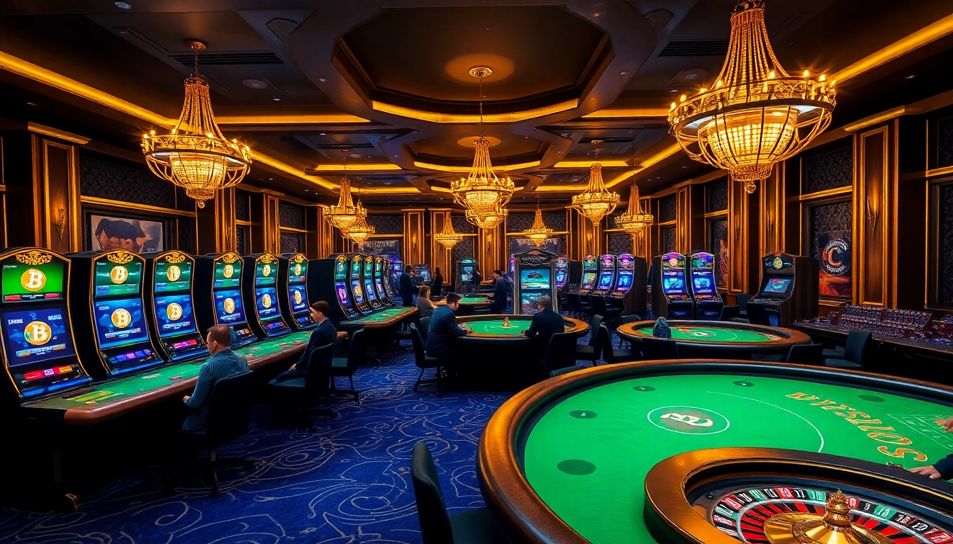 Experience the excitement of a crypto casino with vibrant tables, digital slot machines, and a luxurious atmosphere.