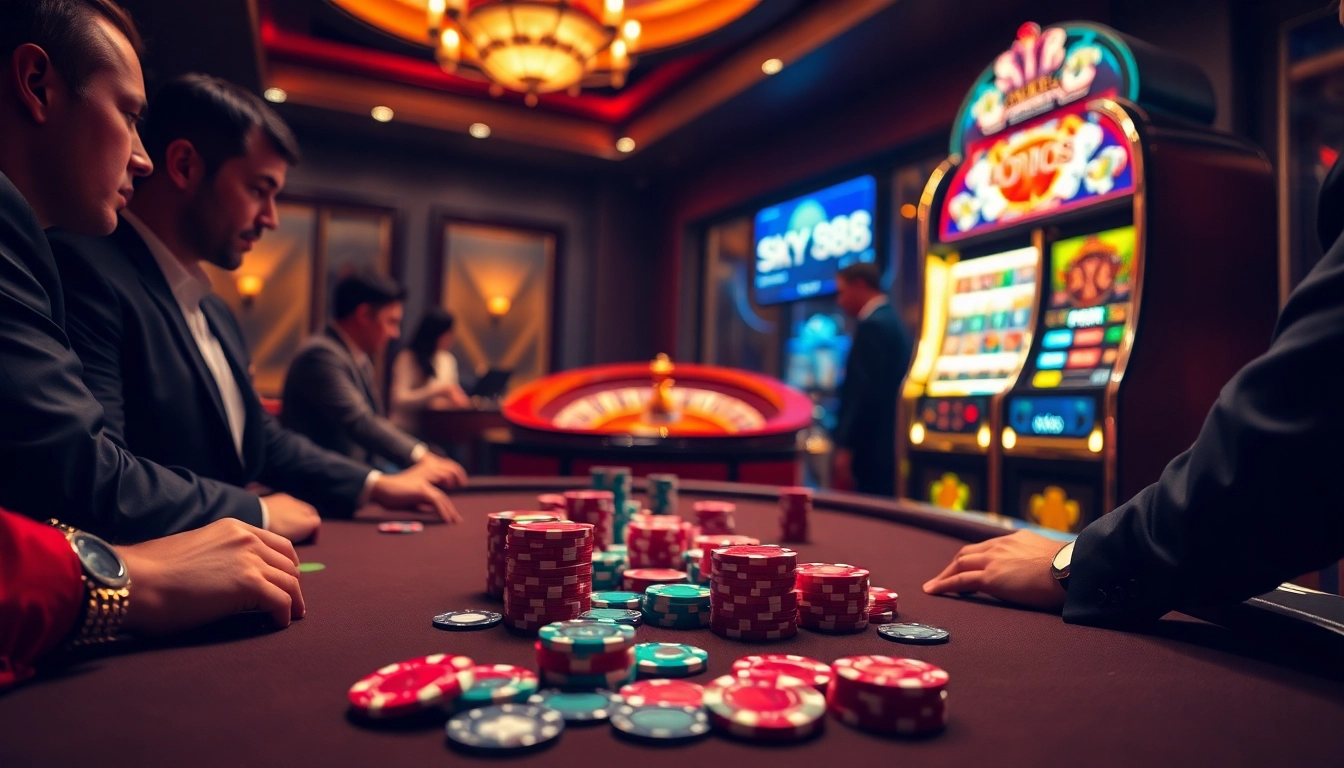 Experience the thrill of Sky88 đăng ký with vibrant casino elements, including poker chips and a roulette wheel.