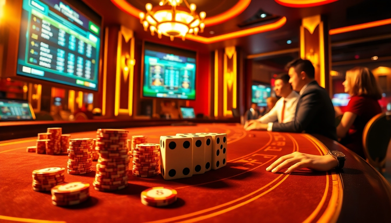 Engaging scene of players betting on tài xỉu online in a luxurious casino atmosphere.
