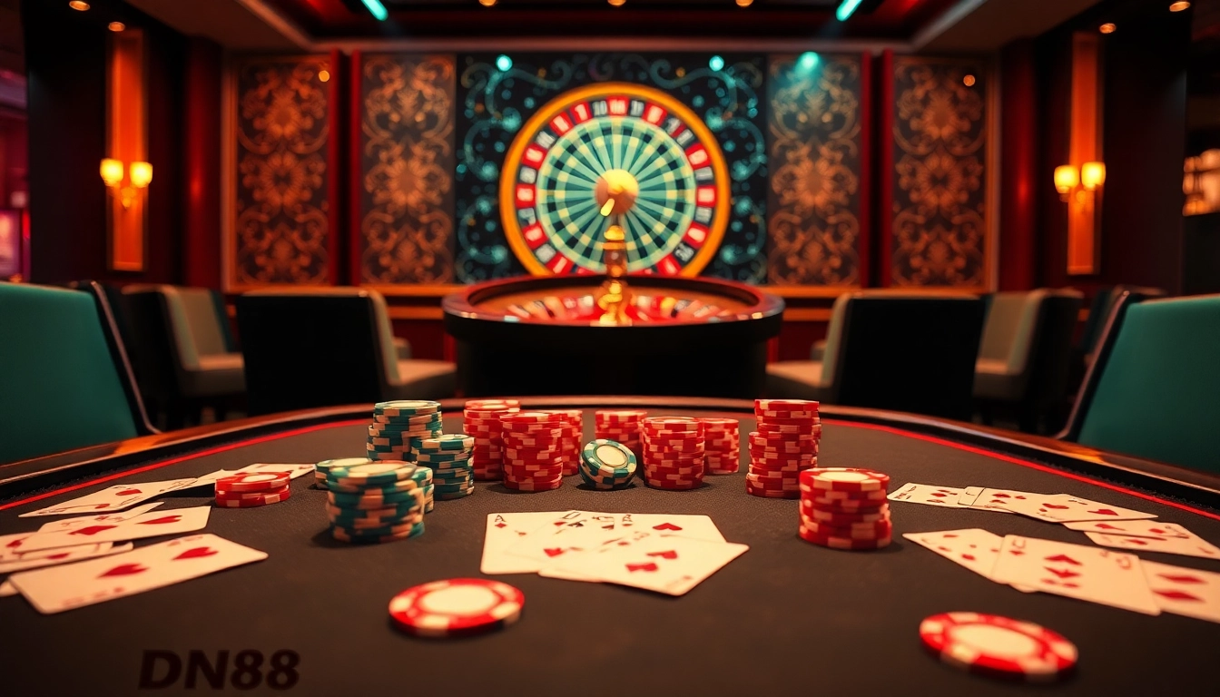 Engage in high-stakes poker at DN88, showcasing poker chips, cards, and a roulette wheel.