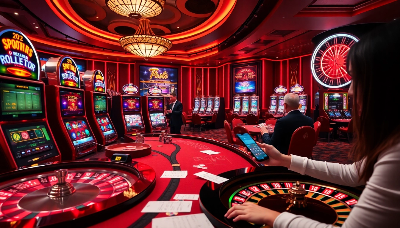 Engage with fsbet code at a luxurious casino featuring modern betting interfaces and vibrant slot machines.