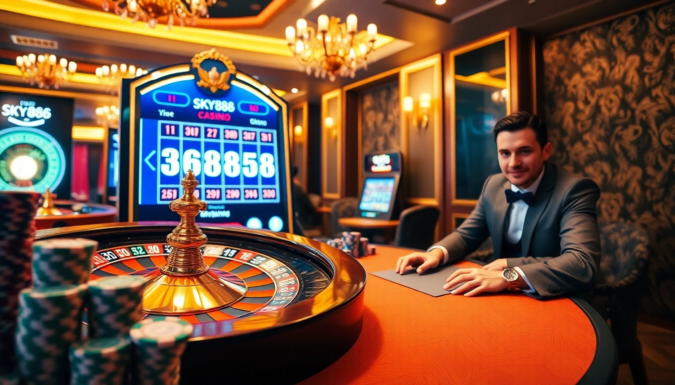Experience the thrill of high-stakes gaming with sky888's luxurious online casino interface, featuring roulette and poker chips.
