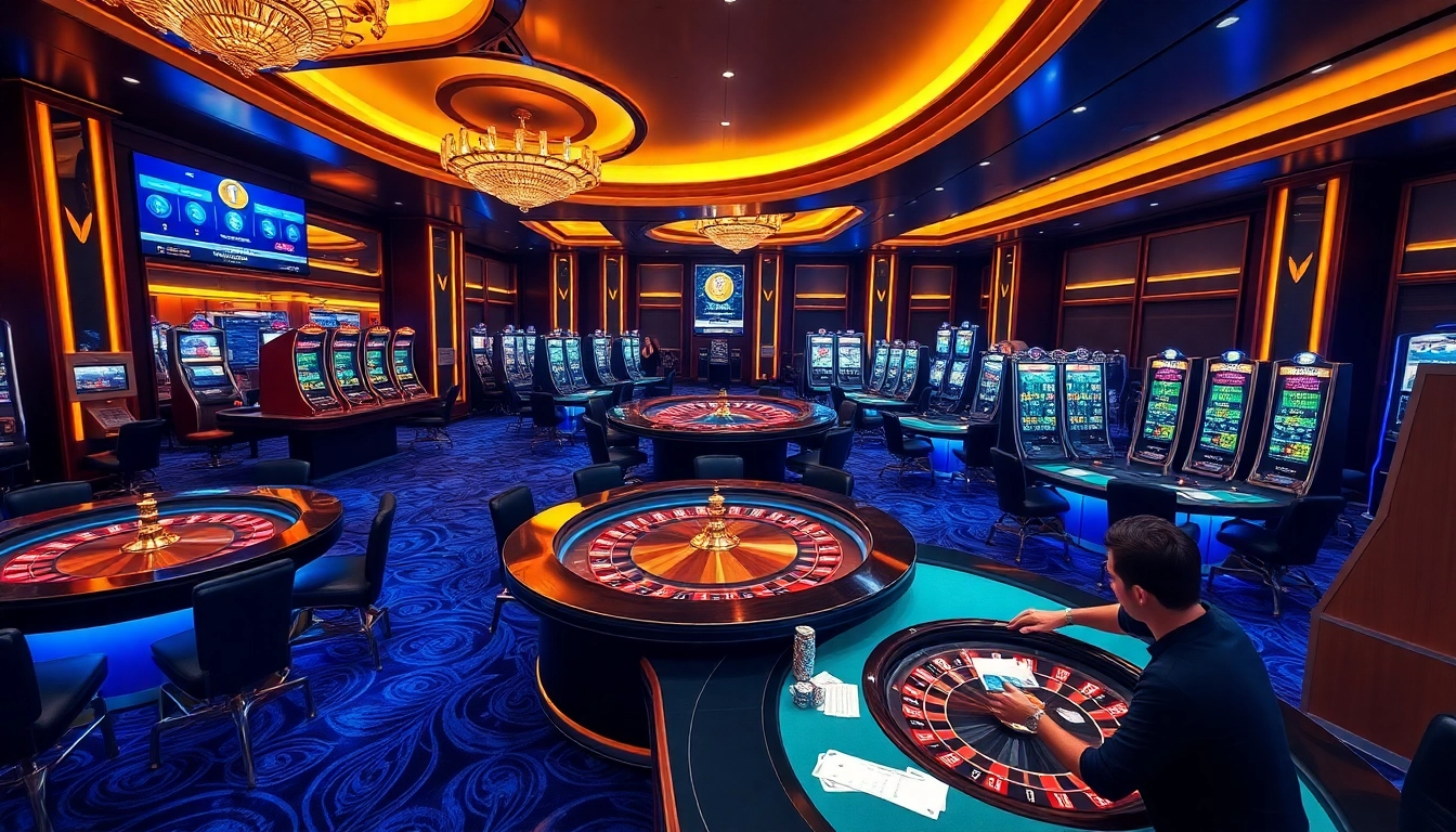 Engaging players at a vibrant crypto casino with poker tables and digital betting interfaces.