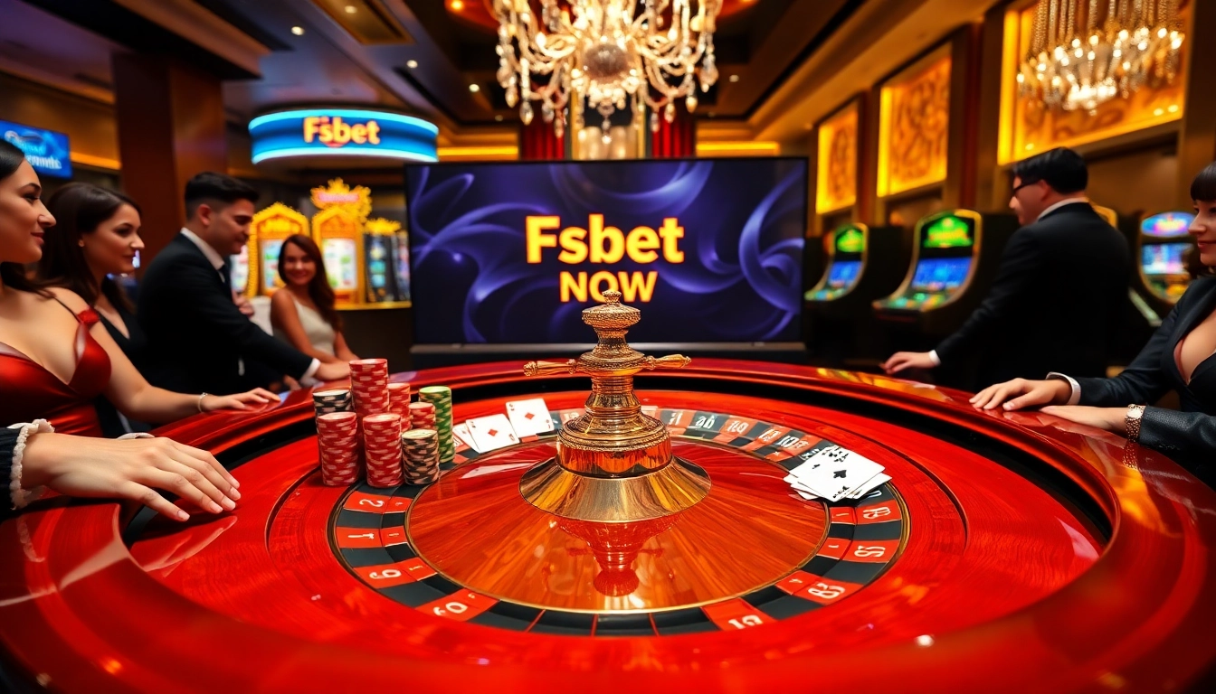 Players enjoying a luxurious roulette game at Fsbet Now with vibrant casino elements.