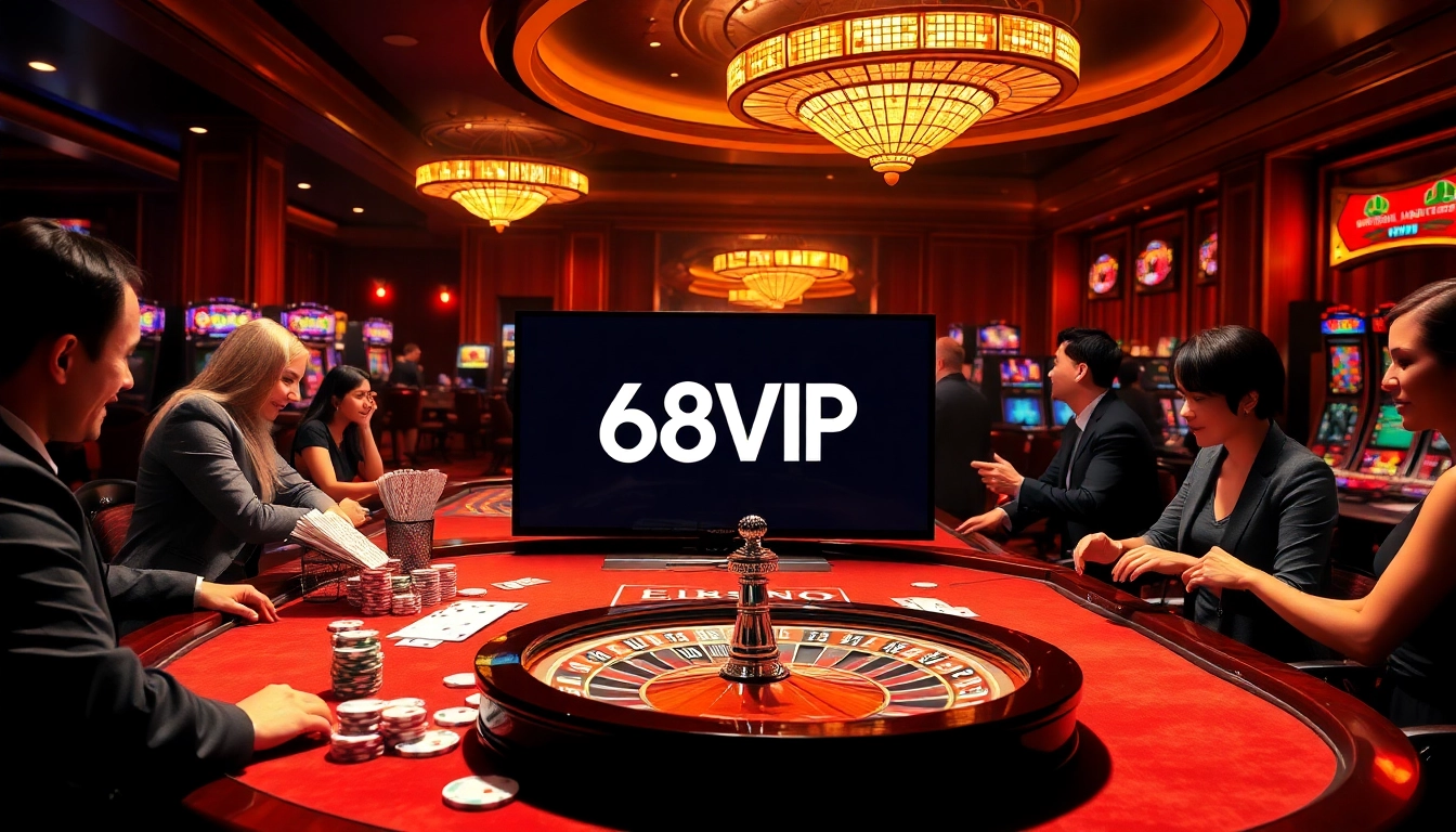 Players enjoying an engaging gambling experience at 68VIP casino, with poker chips and cards.