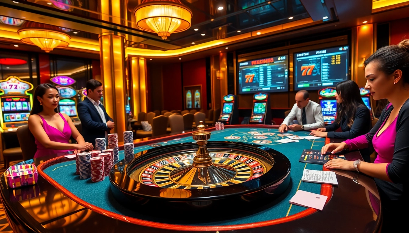 Players engaged in high-stakes gambling at QQ88 casino table filled with colorful poker chips and vibrant atmosphere.