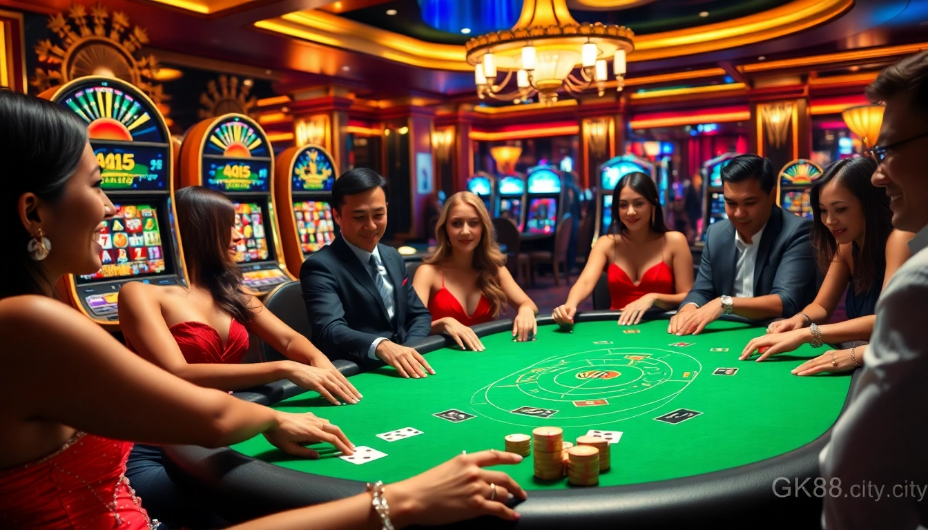 Experience luxury and excitement at https://gk88.city/ with players enjoying thrilling poker games in a vibrant casino scene.