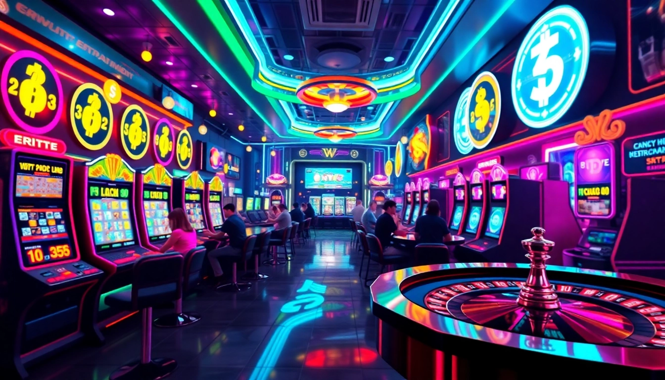 Jouez à des jeux dans le meilleur casino crypto, entouré de lumières vives et d'éléments numériques.