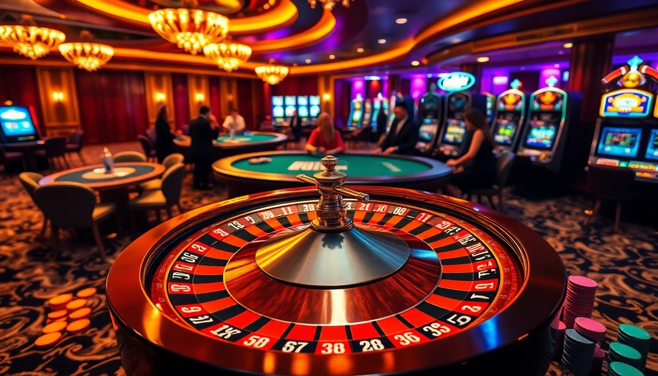 Experience thrilling gameplay at https://b52club.forum/ with vibrant casino visuals showcasing roulette and slot machines.