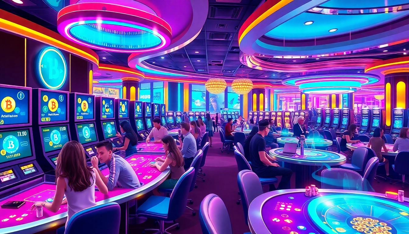 Expérience de jeu immersive dans un crypto casino moderne avec des tables de jeux futuristes.