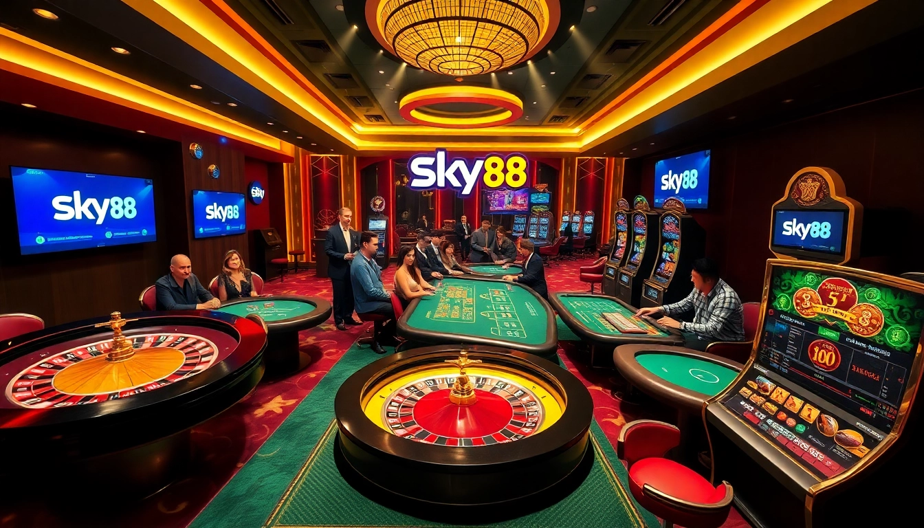 Experience Sky88 mới nhất with a thrilling online gambling atmosphere featuring tables and players.