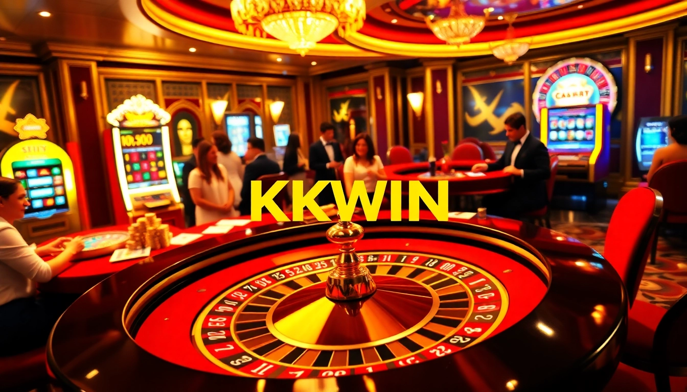 Experience high-stakes gambling at KKWIN's luxurious casino with vibrant roulette and excited players.