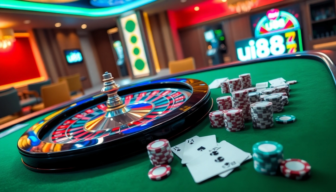 Engage with a lively uu88 casino environment featuring roulette, chips, and online gambling highlights.