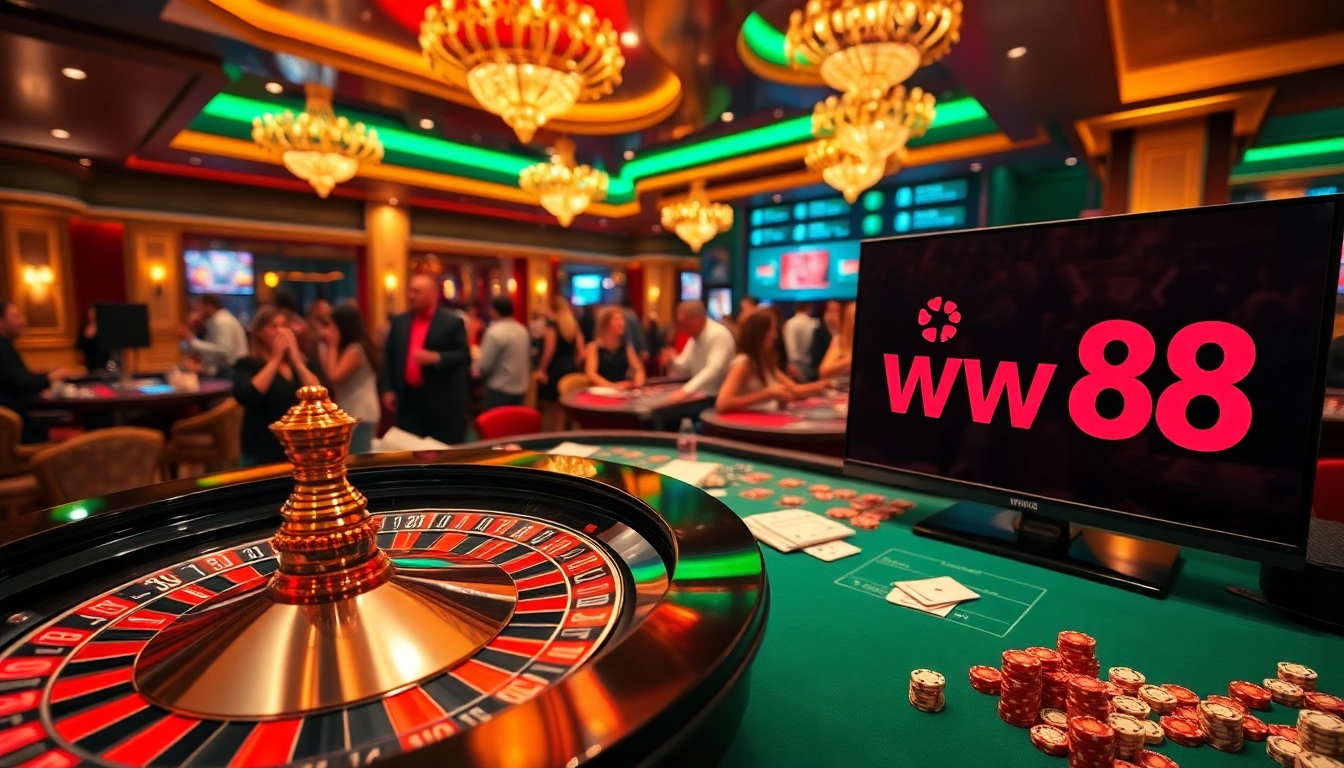 Experience intense gameplay at ww88 with colorful poker chips, cards, and a stunning roulette wheel.