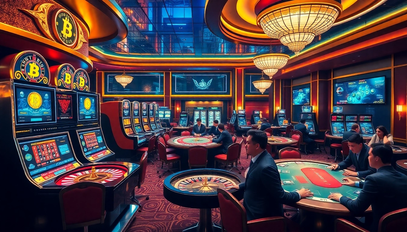 Players enjoying the thrill of crypto casinos with vibrant slot machines and roulette tables.