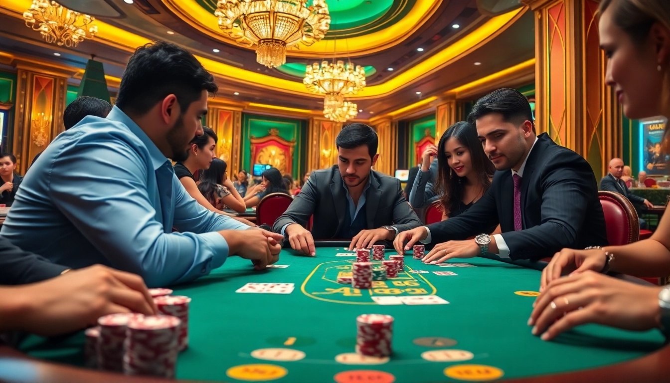 Players enjoying an intense poker game at an upscale casino, featuring lc88 branding with vibrant chips and cards.