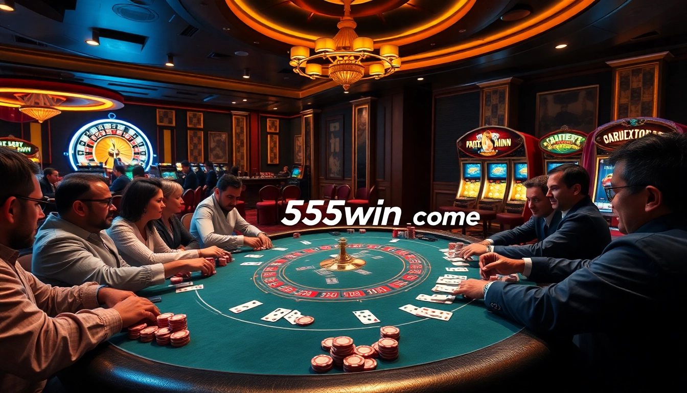 Experience thrilling action at 555win com poker table with vibrant chips and intense players.
