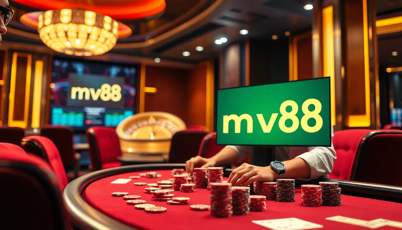 Experience thrill and high stakes at mv88 casino with vibrant poker tables and luxurious ambiance.