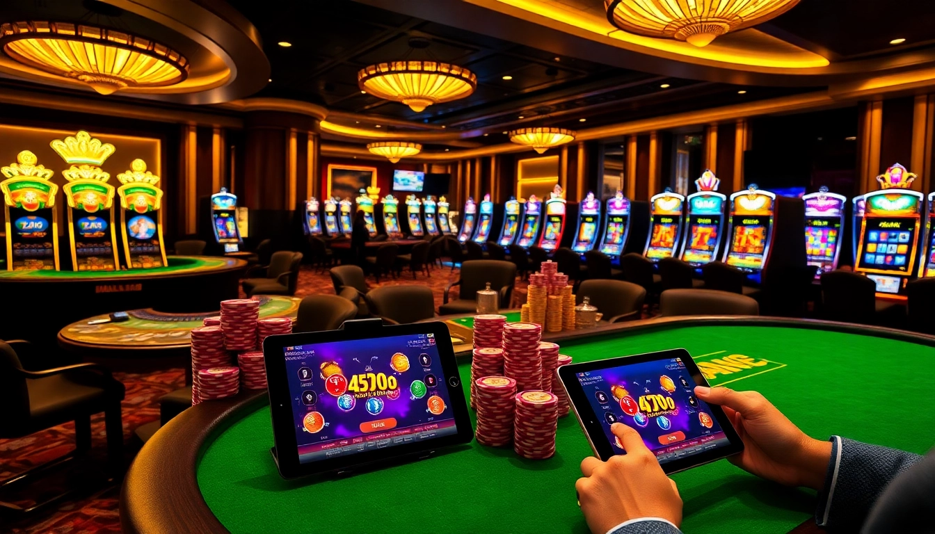 Gamblers enjoying the Mm88 app with elegant casino tables and vibrant slot machines.