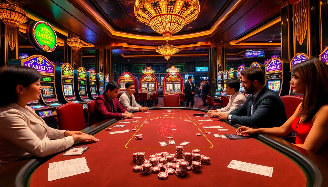 Dabet casino players enjoy an exciting poker game with dazzling slot machines in a luxurious setting.