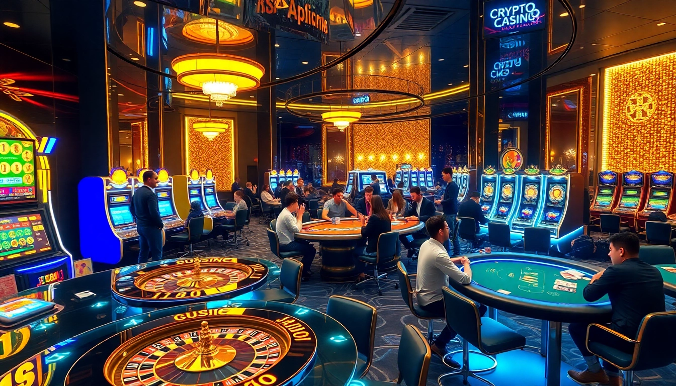 Des joueurs profitant des jeux à une table de casino crypto, avec des lumières vives et une décoration moderne.