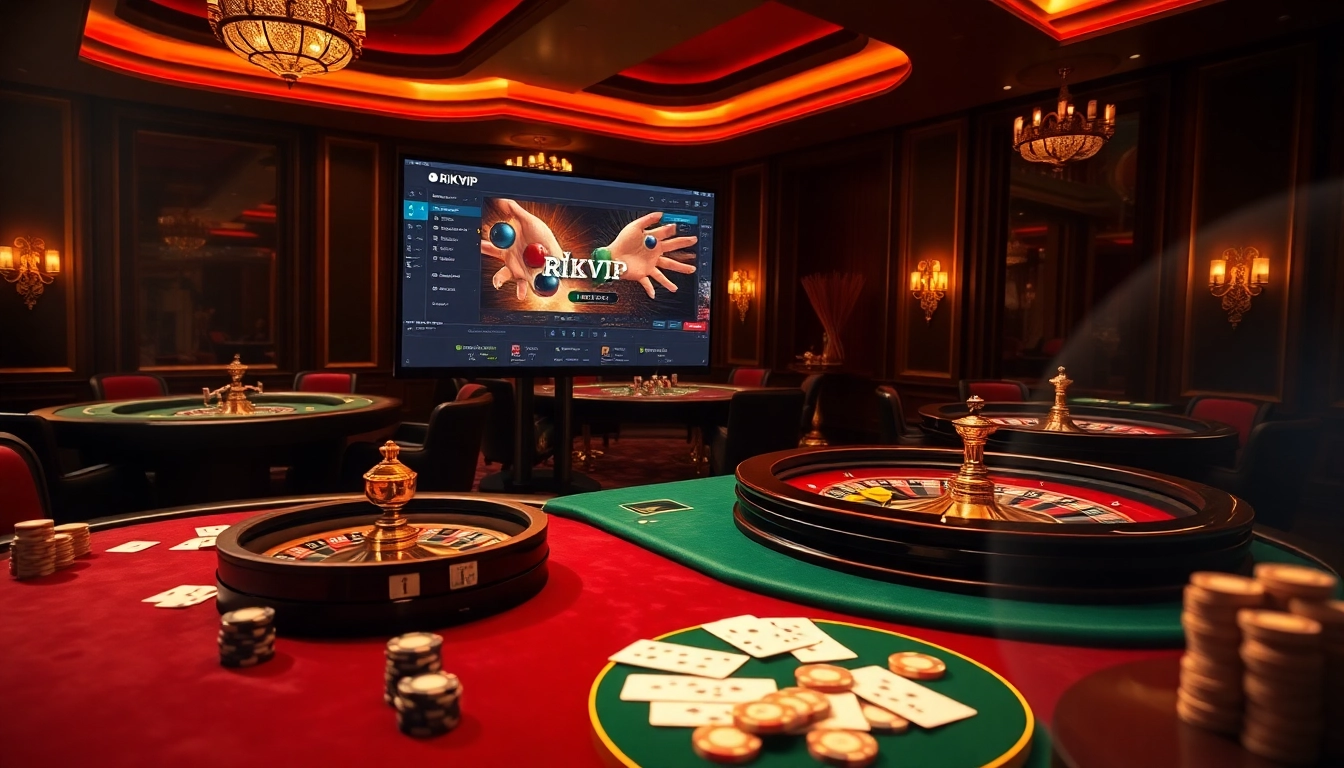 Visualize the excitement of playing rikvip with luxurious casino elements, showcasing high-end tables and vibrant gaming interfaces.