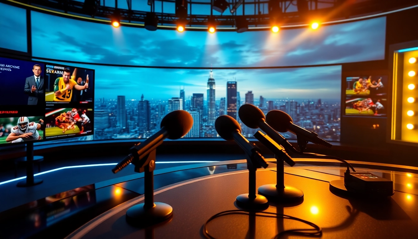 Engaging visual of sports broadcasting studio with anchor presenting highlights.
