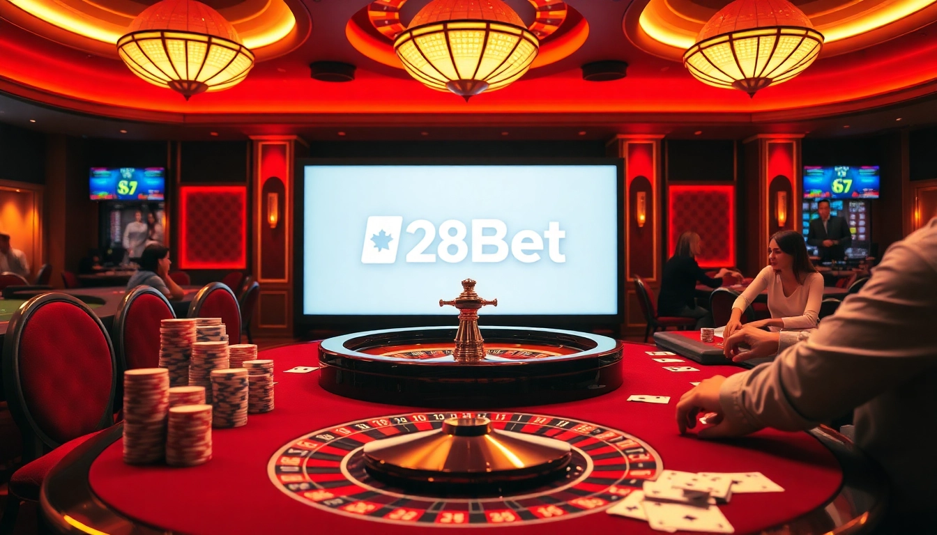 28Bet features an exciting roulette table with vibrant chips in a luxury casino setting.