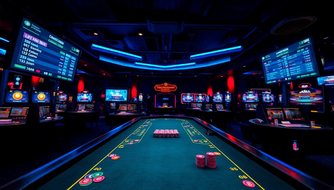 Jouer à casino en ligne crypto avec des écrans lumineux et des jetons colorés sur une table de jeu.