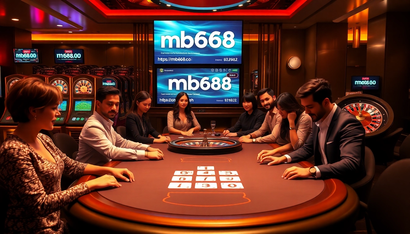 Engage in thrilling poker games at https://mb668.co/, showcasing luxury casino elements like tables and players.