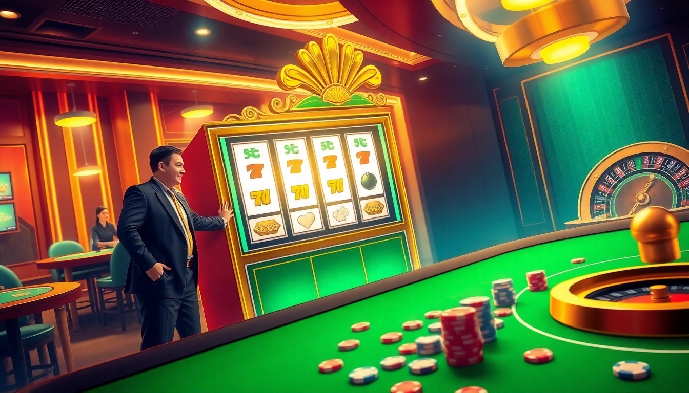 Players experiencing the excitement of nổ hũ at a vibrant casino slot machine.