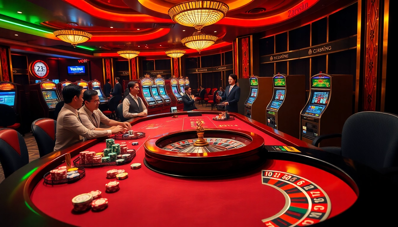 Players engaging in high-stakes gambling at 23WIN's luxurious casino table with vibrant chips and roulette.