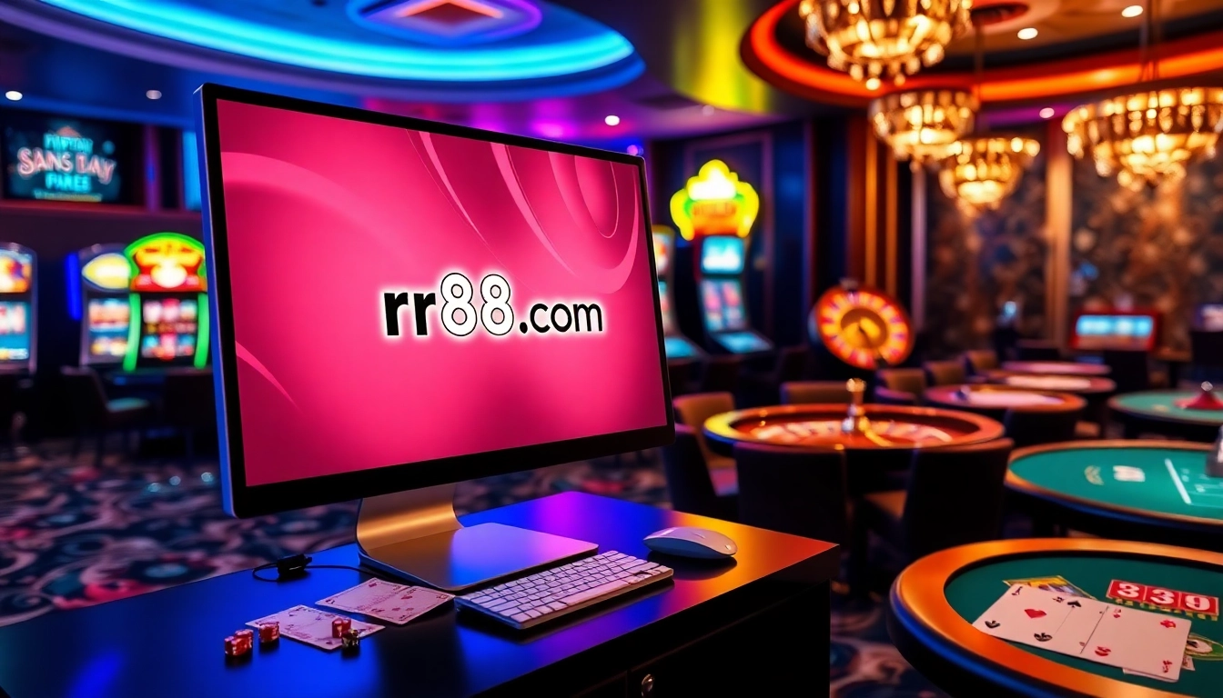 Experience the thrill of online play at rr88.com with vibrant casino elements like roulette wheels and slot machines.