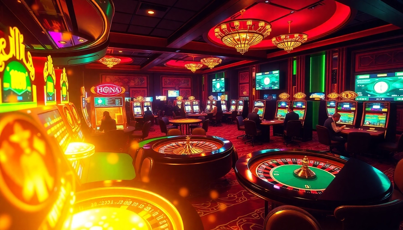 Players enjoying thrilling games at crypto casinos with vibrant ambiance and luxury decor.