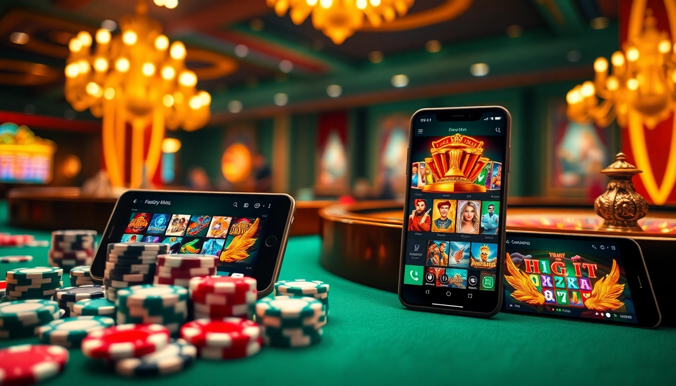 Engaging scene of 23win mobile gambling with a luxurious casino backdrop and vibrant gaming elements.