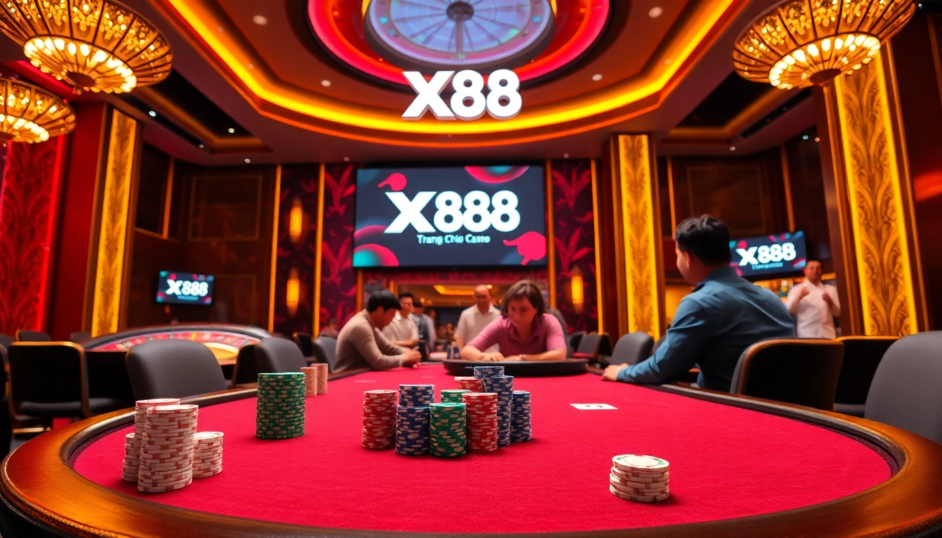 Exciting gaming atmosphere at Trang chủ X88 featuring poker tables and vibrant roulette.