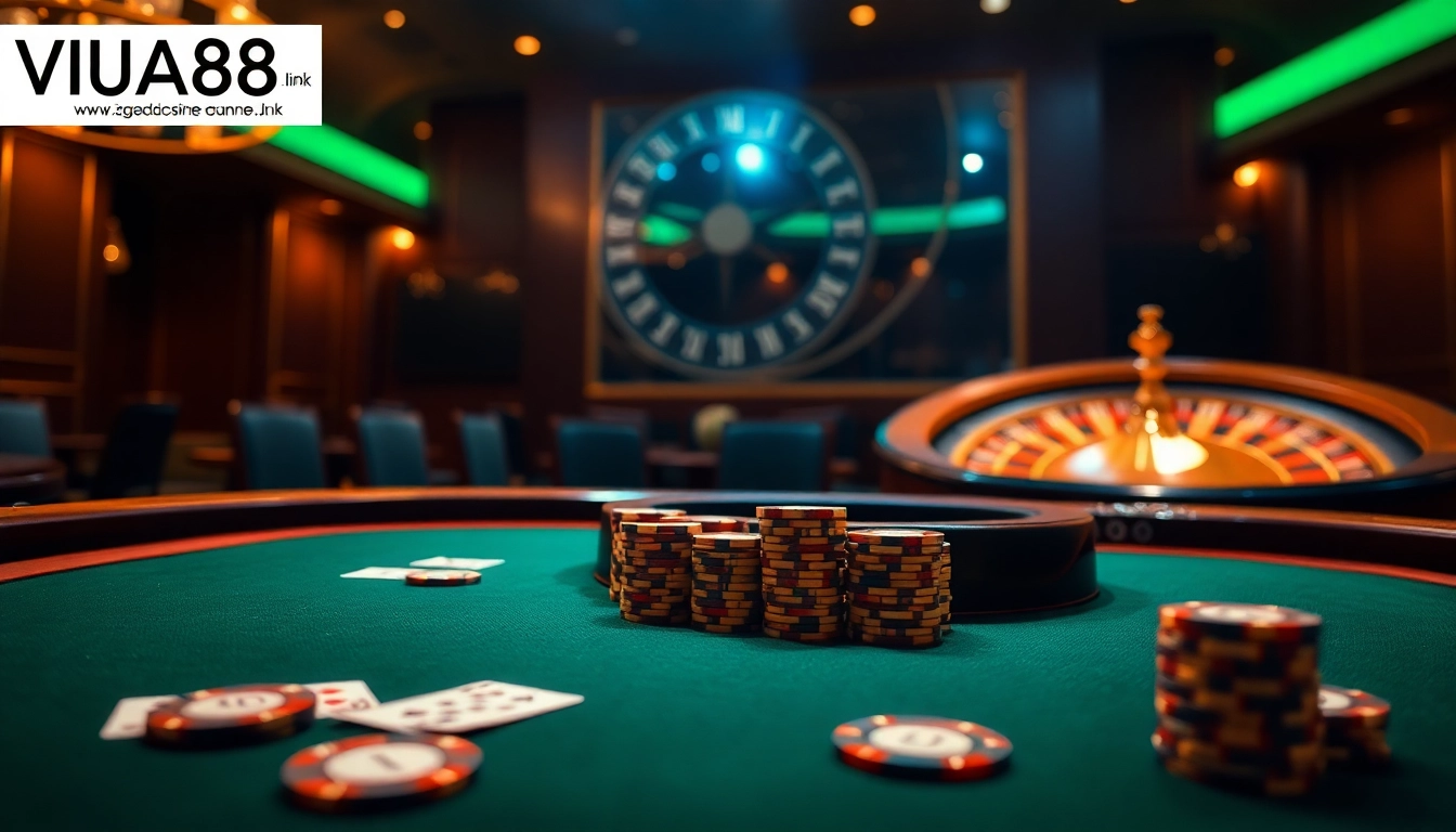 Engaging scene featuring a poker table and roulette wheel to emphasize the VUA88 link.