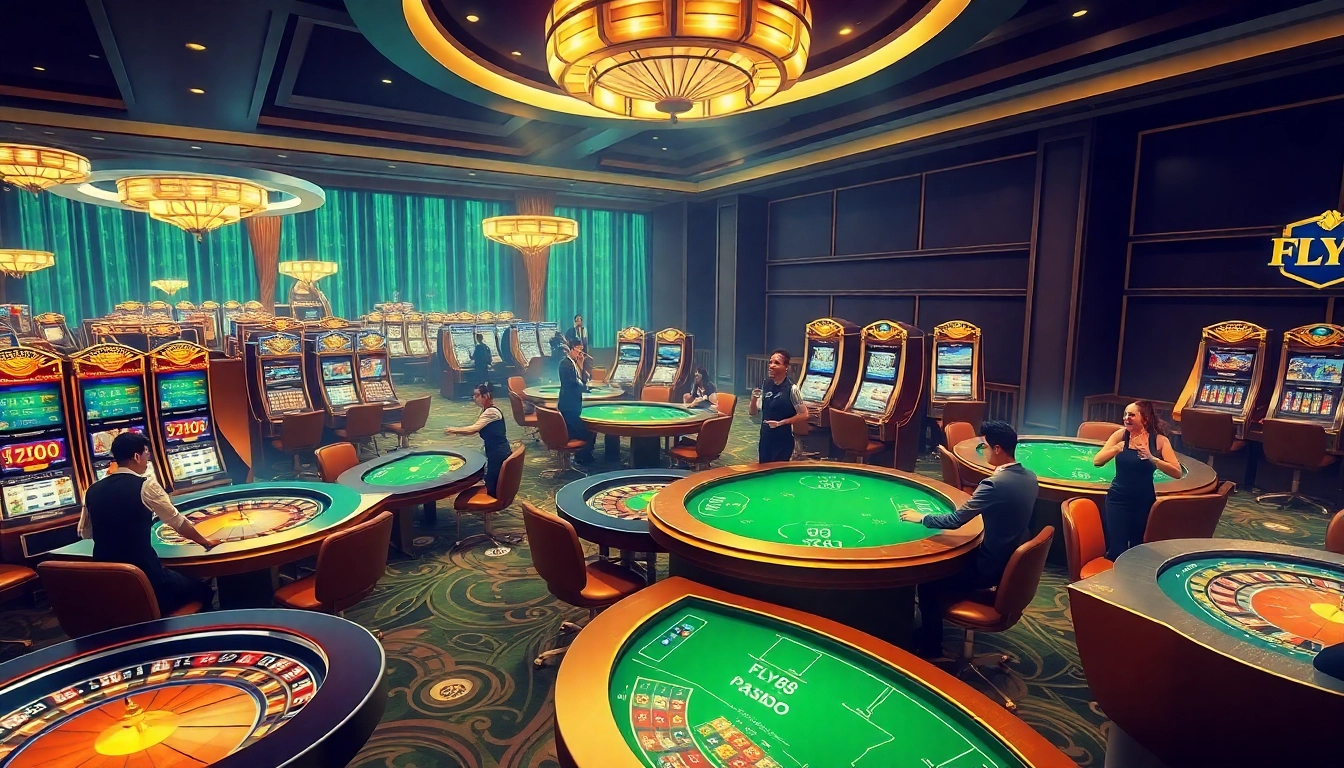 Experience thrilling gameplay with FLY88 at a vibrant casino featuring roulette and poker.
