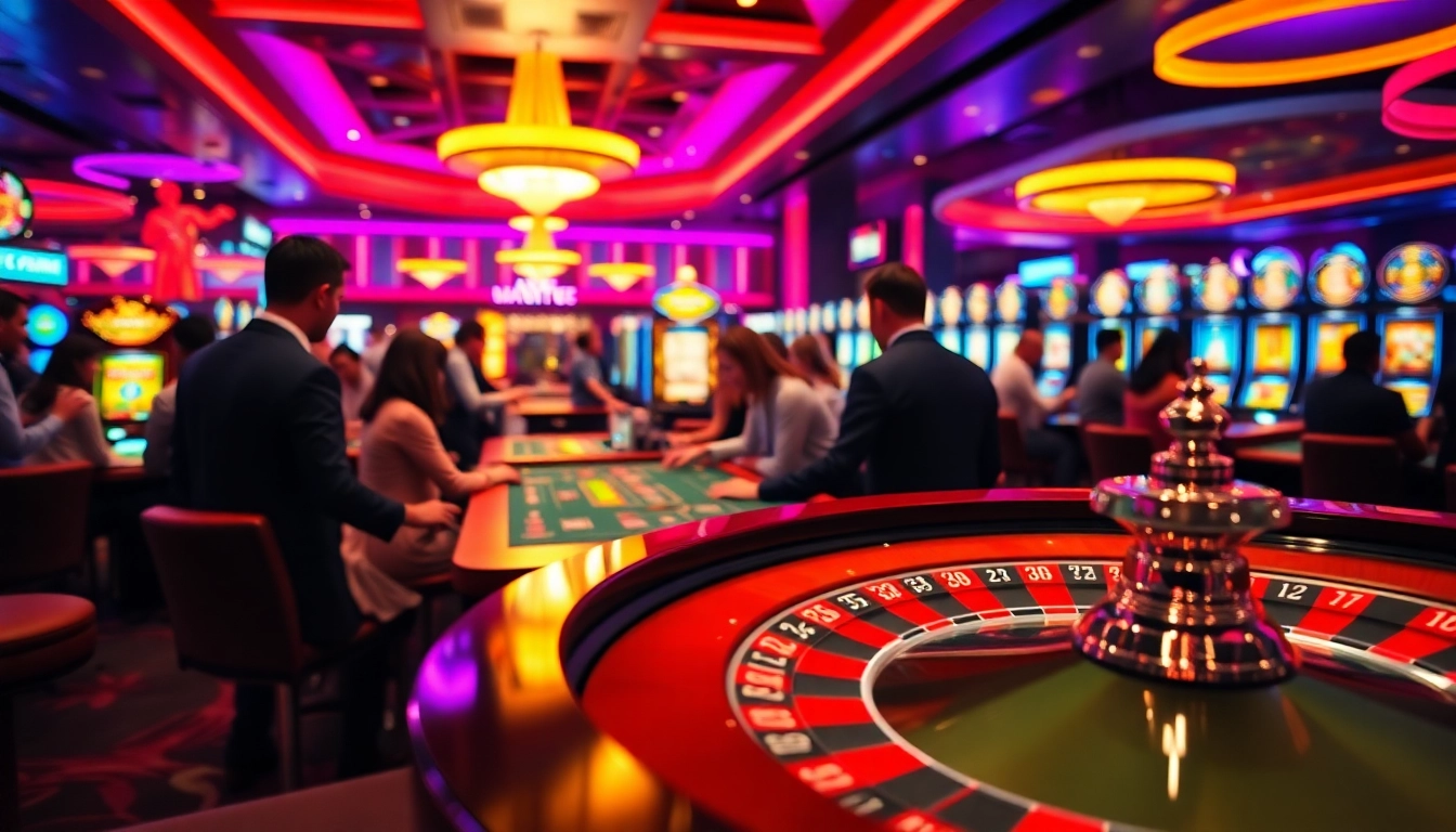 Jouez sur un casino en ligne avec des jeux de table animés et des lumières scintillantes.