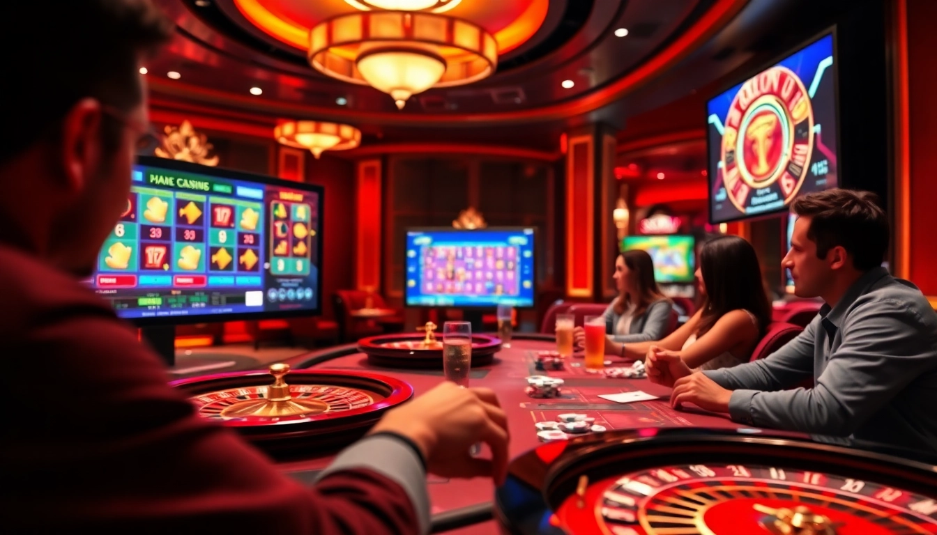 Jouer au casino en ligne avec une ambiance luxueuse et des joueurs captivés.
