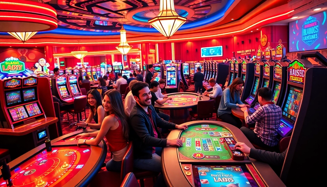 Joueurs profitant de l'excitation des jeux dans un casino sans kyc, avec des lumières vives et une ambiance festive. related image